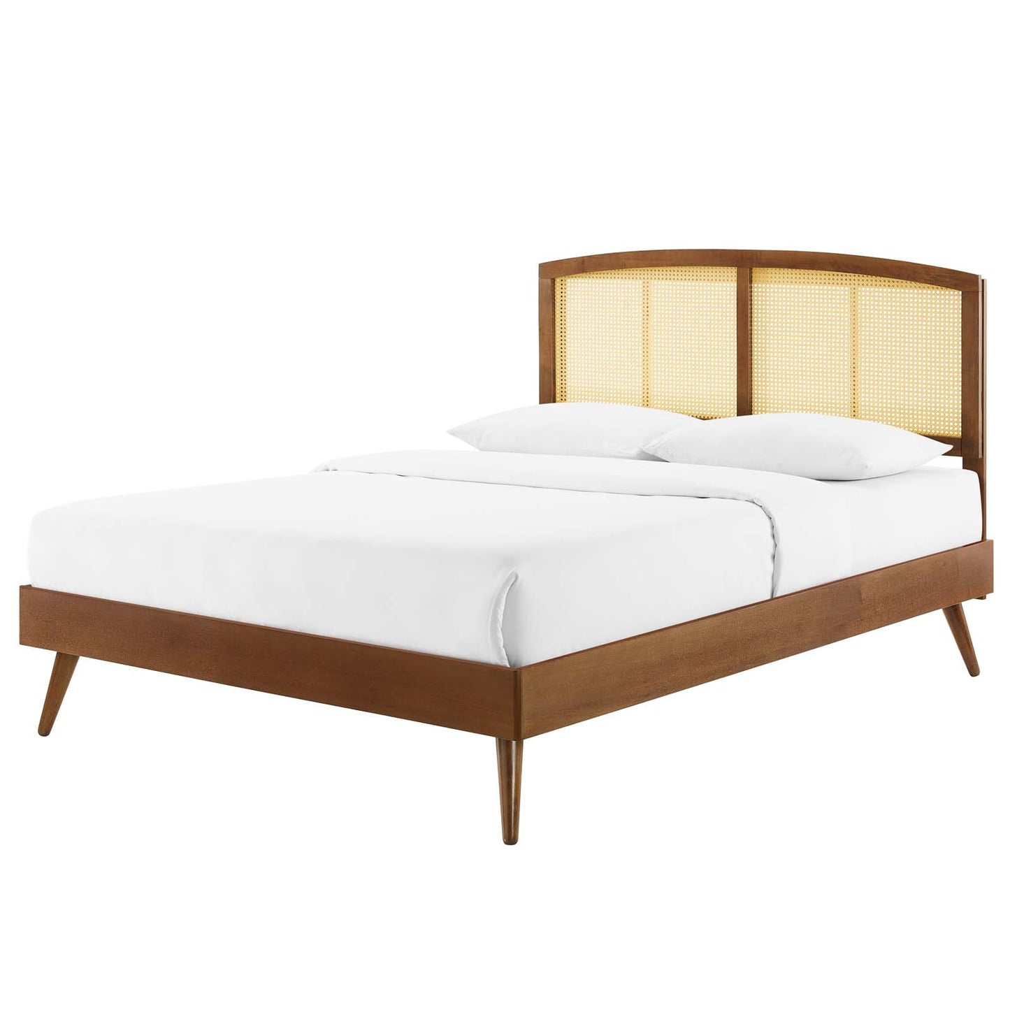 Sierra Cane and Wood Full Platform Bed With Splayed Legs, Wood, Brown Walnut, 22547