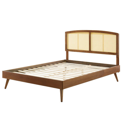 Sierra Cane and Wood Full Platform Bed With Splayed Legs, Wood, Brown Walnut, 22547