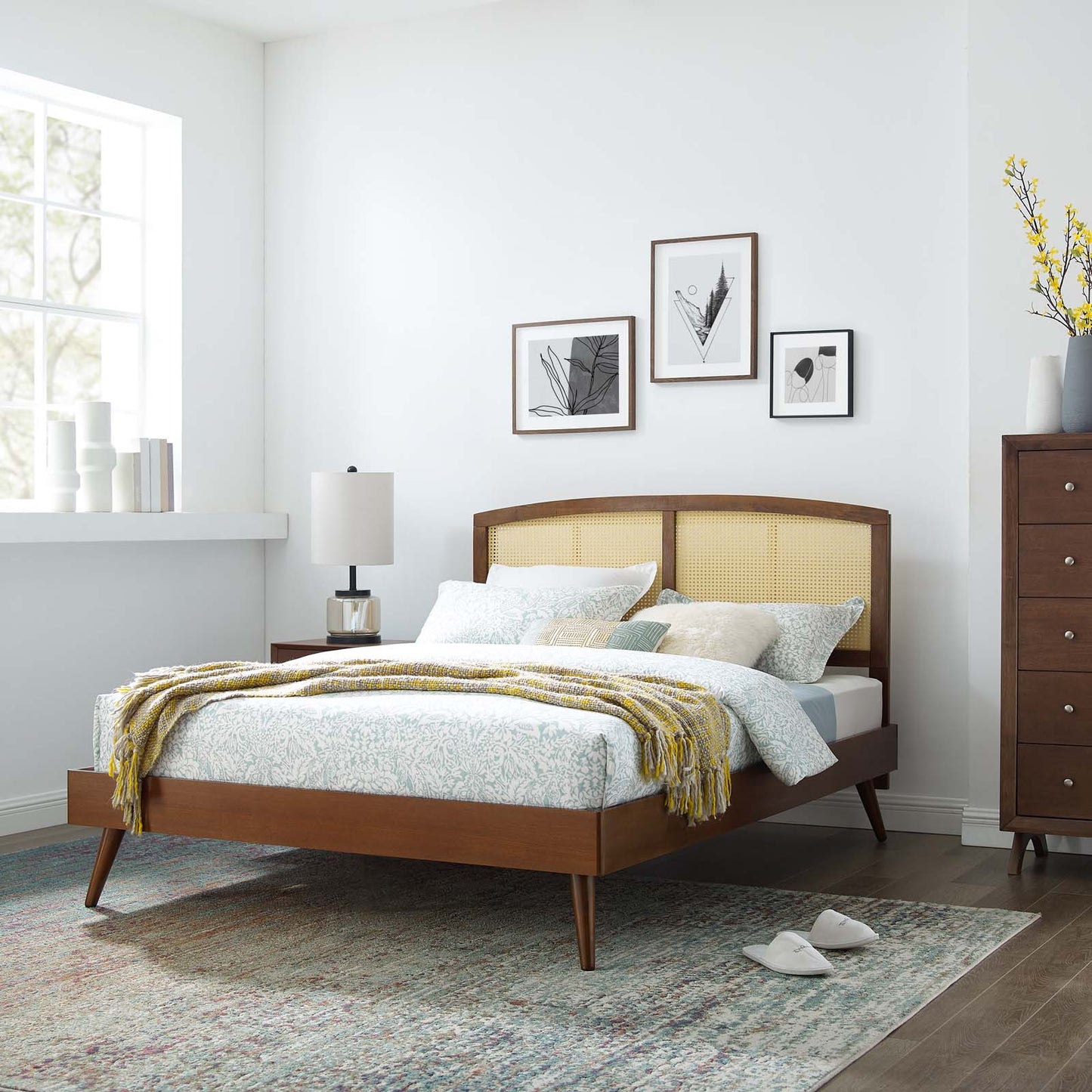 Sierra Cane and Wood Full Platform Bed With Splayed Legs, Wood, Brown Walnut, 22547