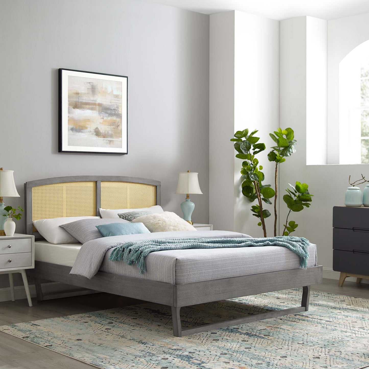 Sierra Cane and Wood King Platform Bed With Angular Legs, Wood, Grey Gray, 22549