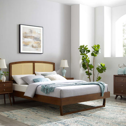 Sierra Cane and Wood King Platform Bed With Angular Legs, Wood, Brown Walnut, 22550