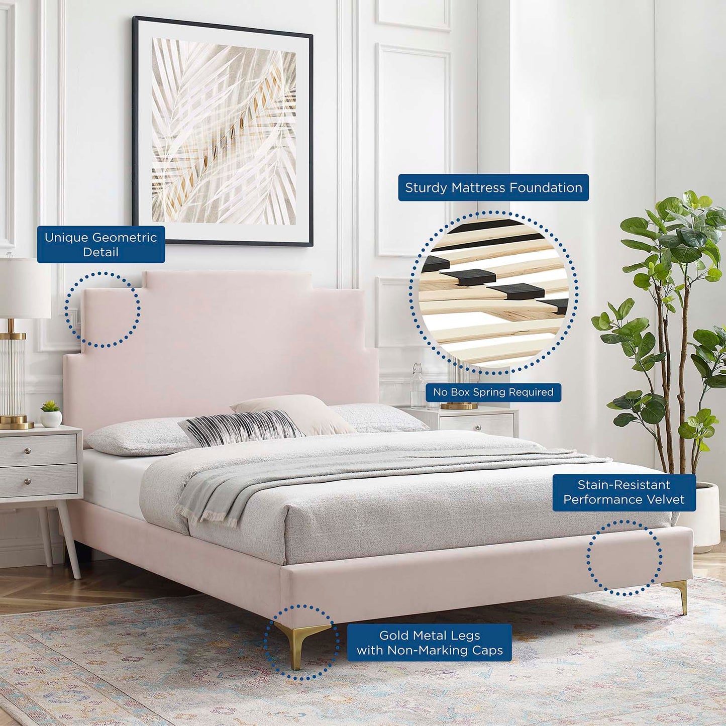 Lindsey Performance Velvet Queen Platform Bed, Velvet, Pink, 22559