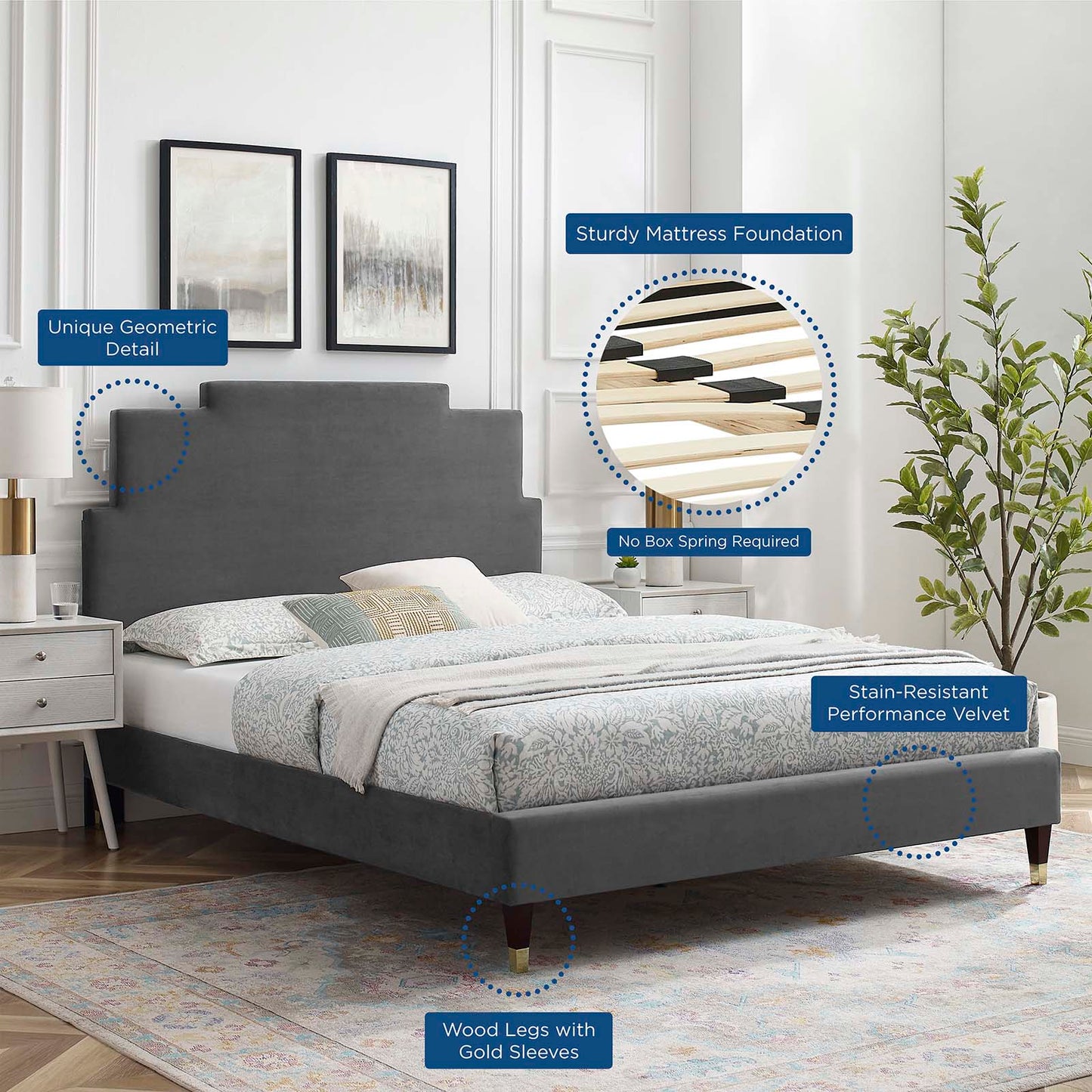 Lindsey Performance Velvet Queen Platform Bed, Velvet, Dark Grey Gray, 22562