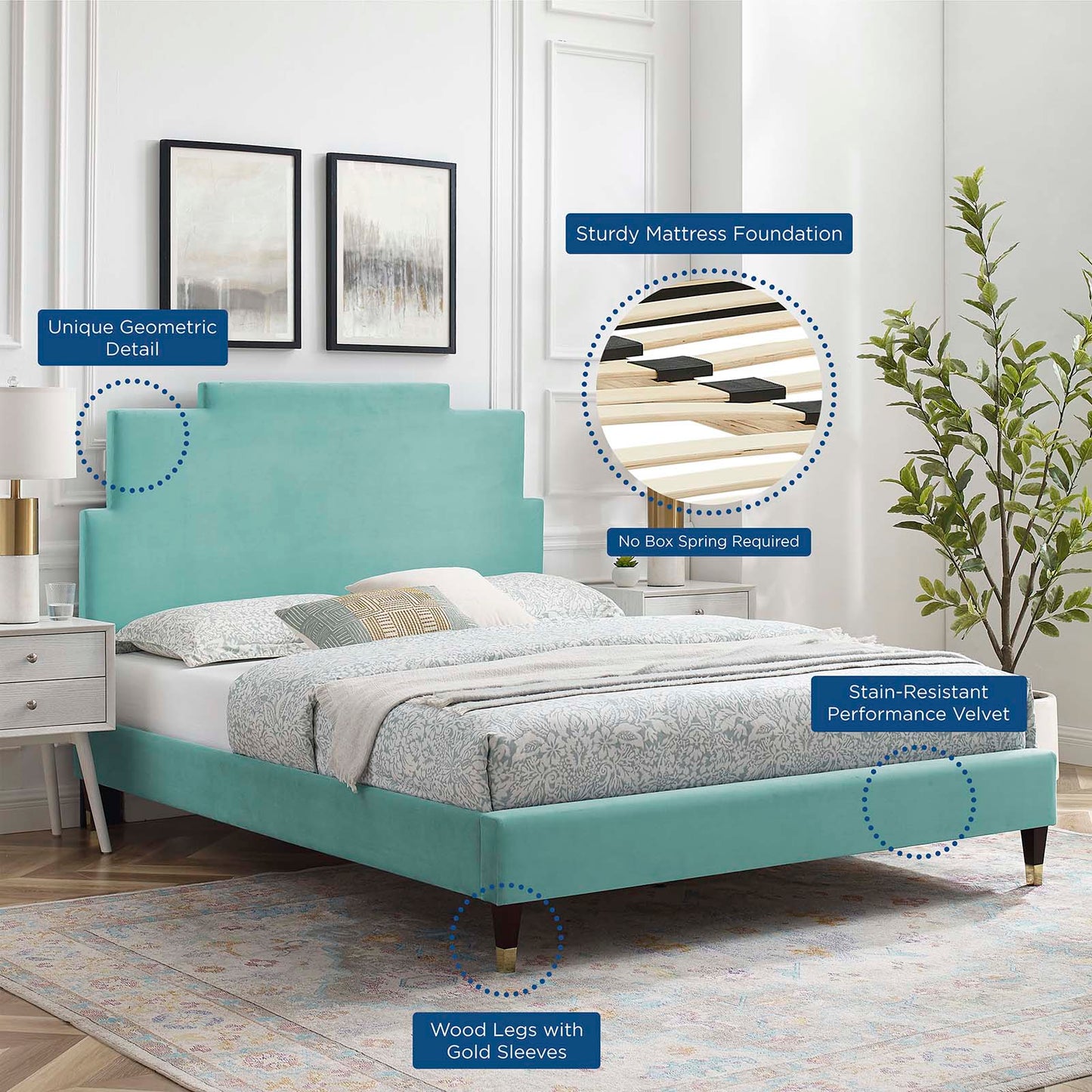 Lindsey Performance Velvet Queen Platform Bed, Velvet, Blue, 22565