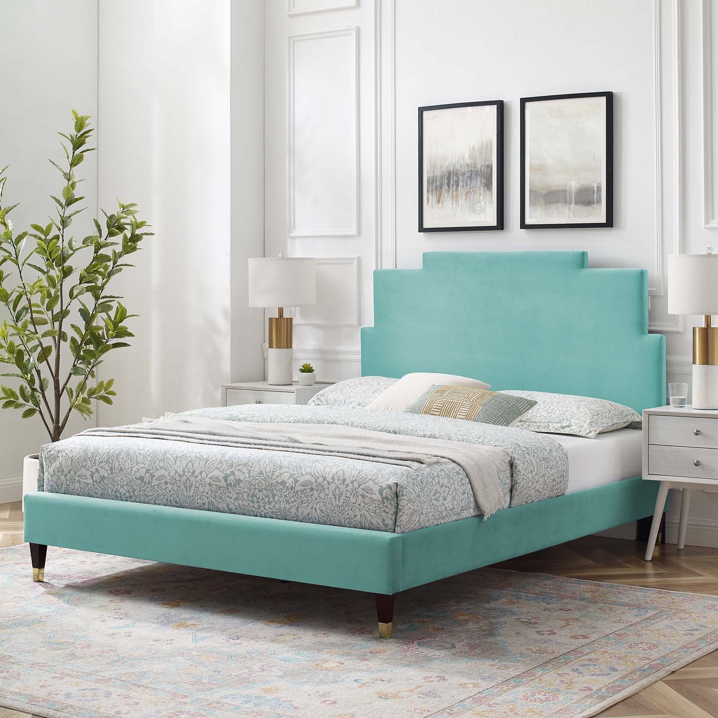 Lindsey Performance Velvet Queen Platform Bed, Velvet, Blue, 22565