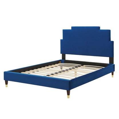 Lindsey Performance Velvet Queen Platform Bed, Velvet, Blue Navy, 22566