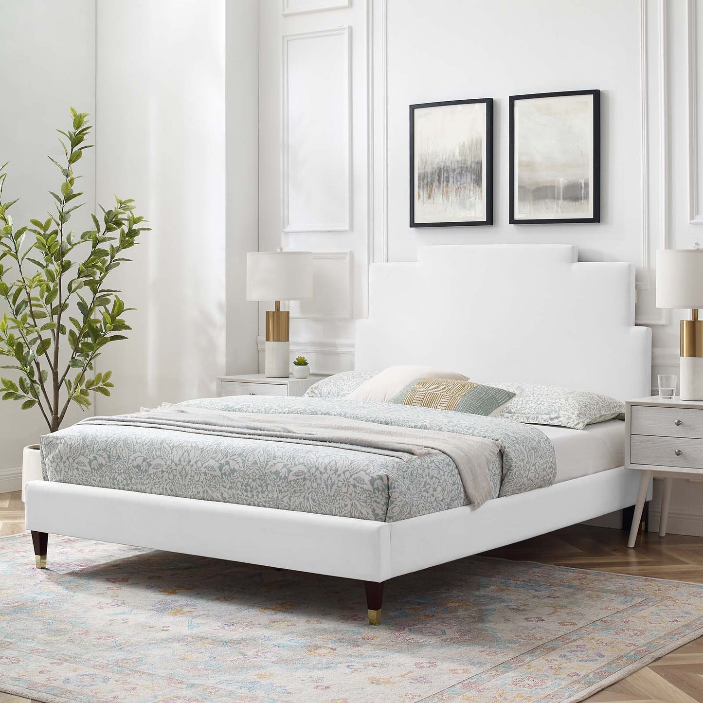 Lindsey Performance Velvet Queen Platform Bed, Velvet, White, 22569