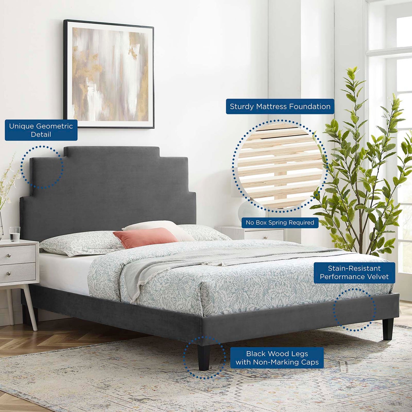 Lindsey Performance Velvet Queen Platform Bed, Velvet, Dark Grey Gray, 22570