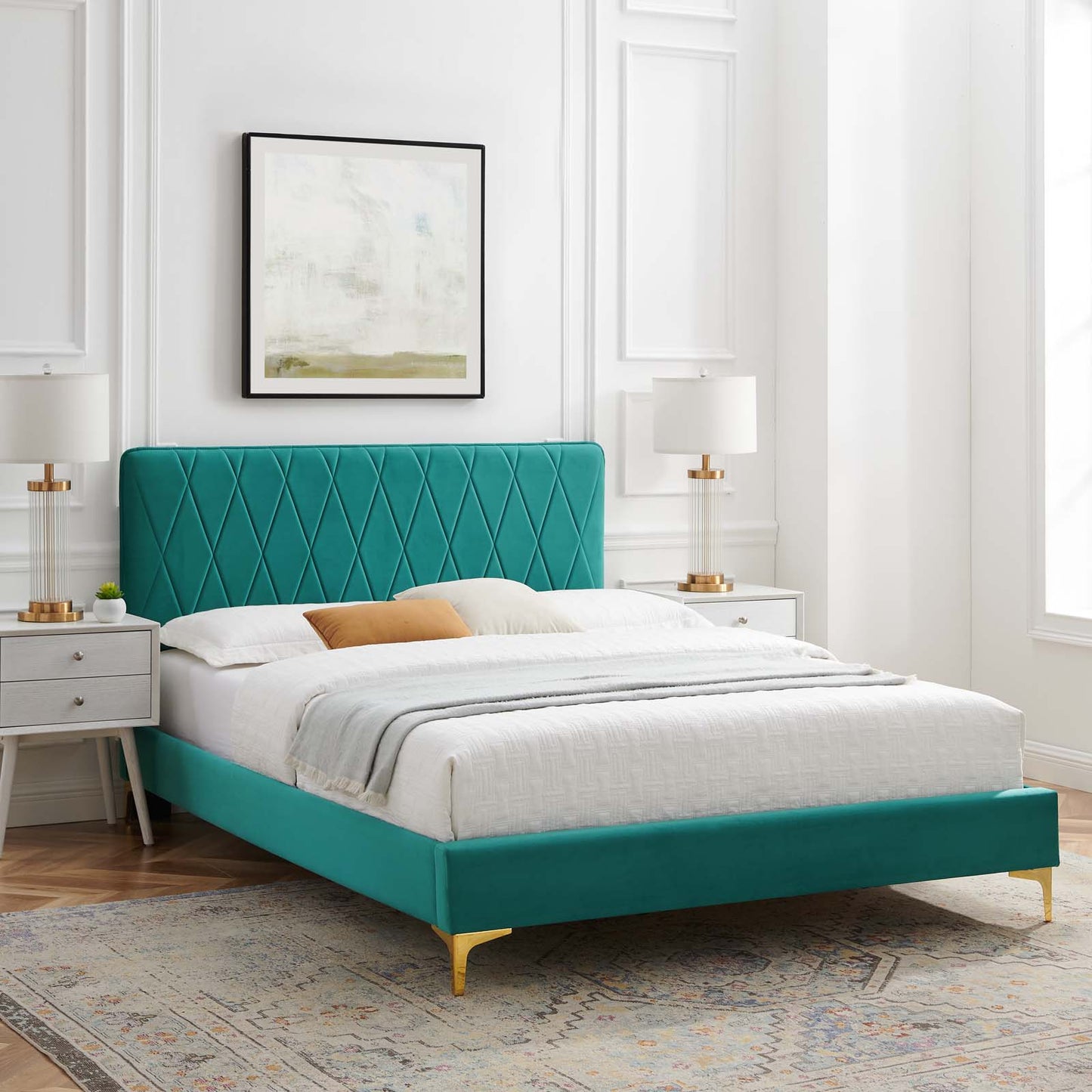Phillipa Performance Velvet Queen Platform Bed, Velvet, Teal Blue, 22584