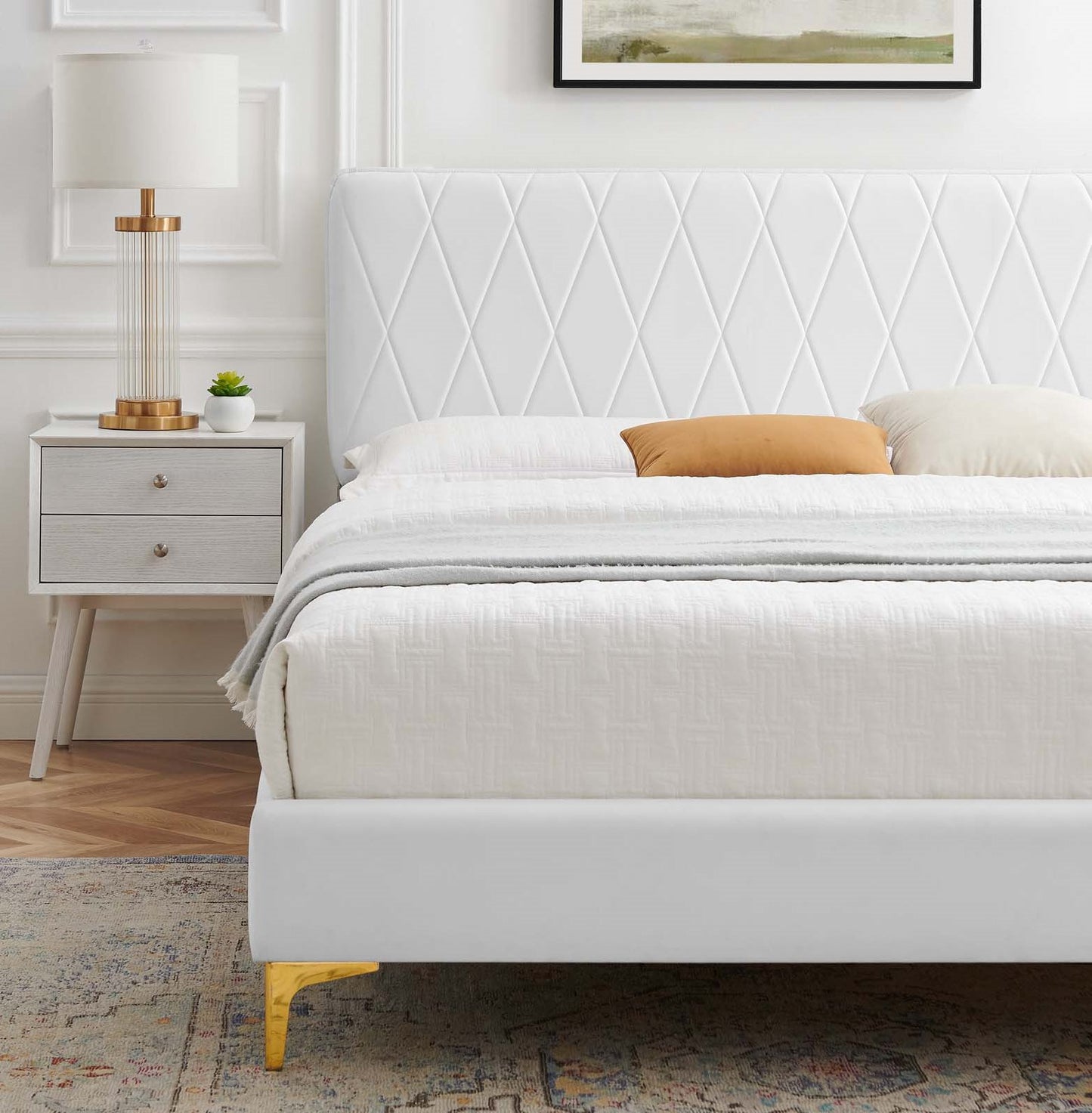 Phillipa Performance Velvet Queen Platform Bed, Velvet, White, 22585