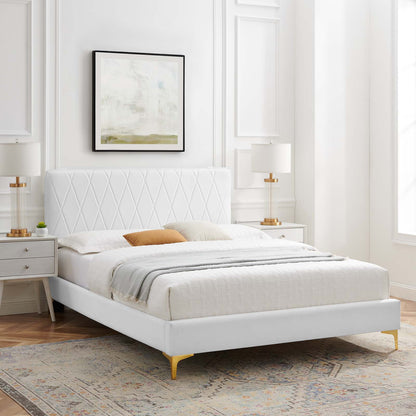 Phillipa Performance Velvet Queen Platform Bed, Velvet, White, 22585