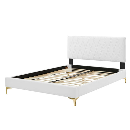 Phillipa Performance Velvet Queen Platform Bed, Velvet, White, 22585