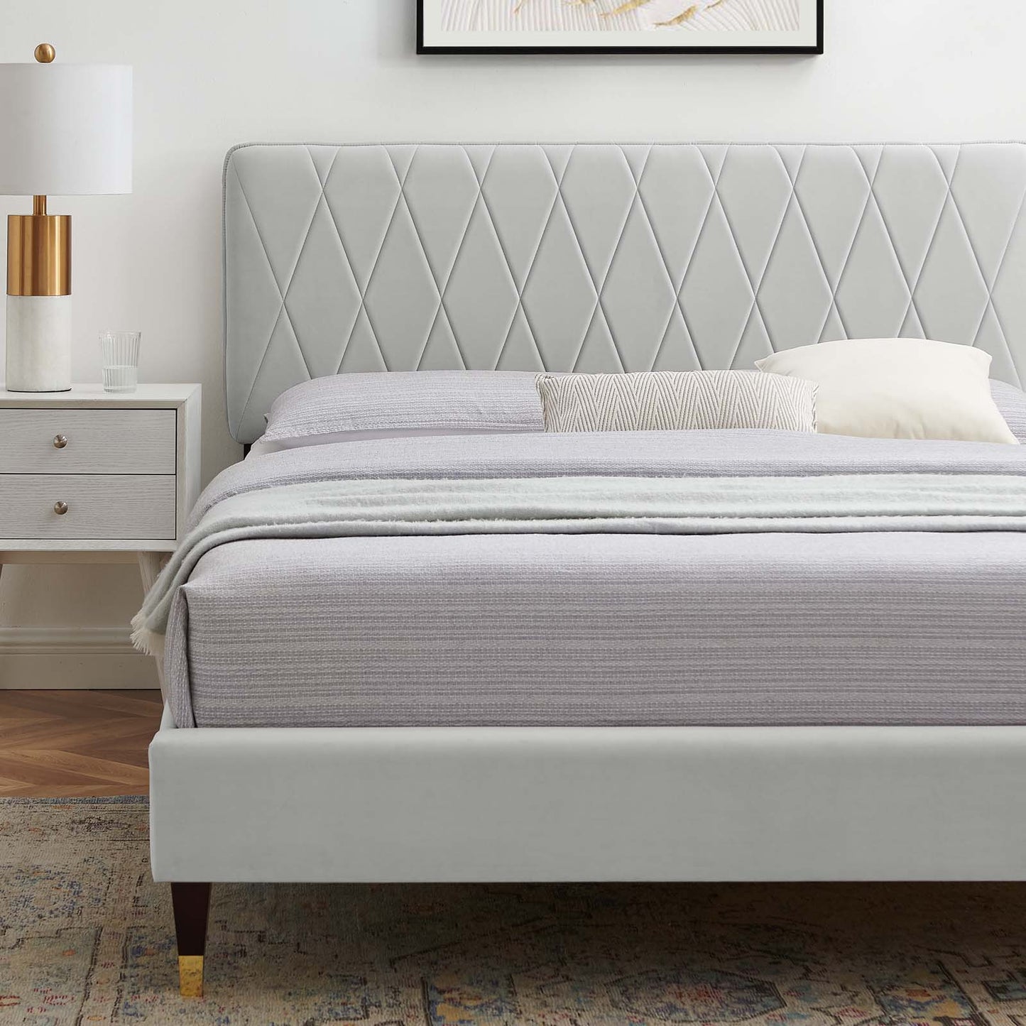 Phillipa Performance Velvet Queen Platform Bed, Velvet, Light Grey Gray, 22588