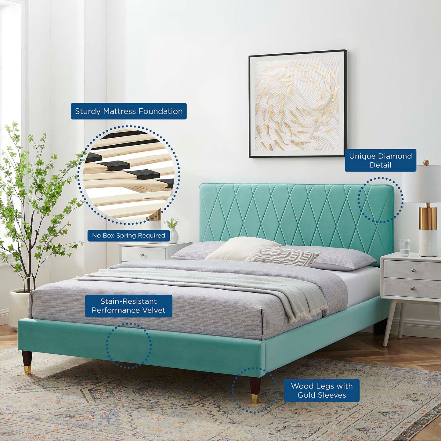 Phillipa Performance Velvet Queen Platform Bed, Velvet, Blue, 22589