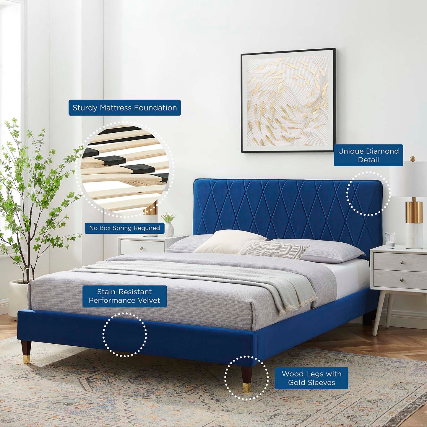 Phillipa Performance Velvet Queen Platform Bed, Velvet, Blue Navy, 22590