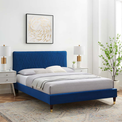 Phillipa Performance Velvet Queen Platform Bed, Velvet, Blue Navy, 22590