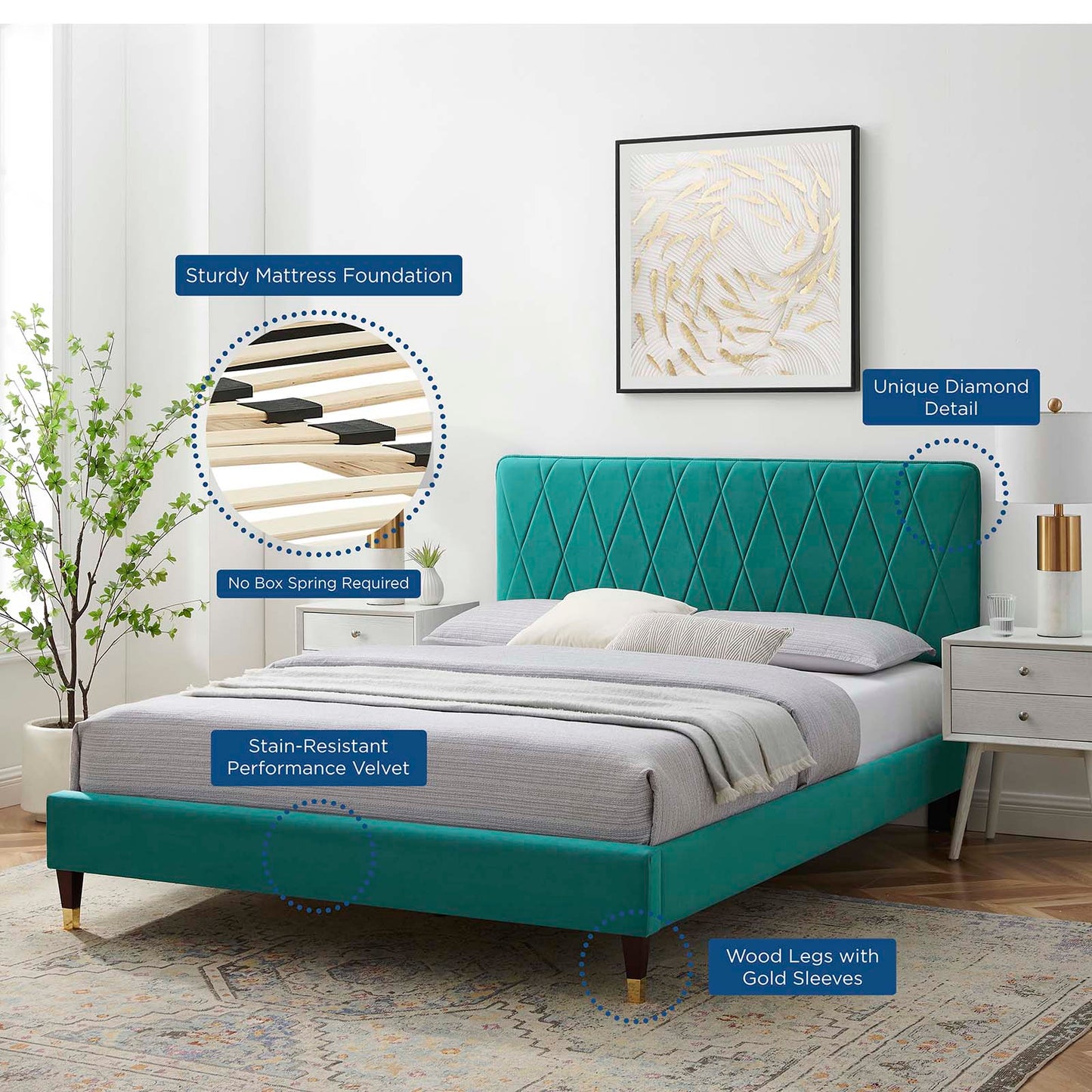 Phillipa Performance Velvet Queen Platform Bed, Velvet, Teal Blue, 22592