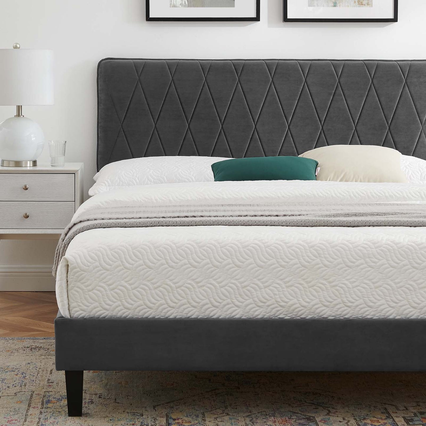Phillipa Performance Velvet Queen Platform Bed, Velvet, Dark Grey Gray, 22594