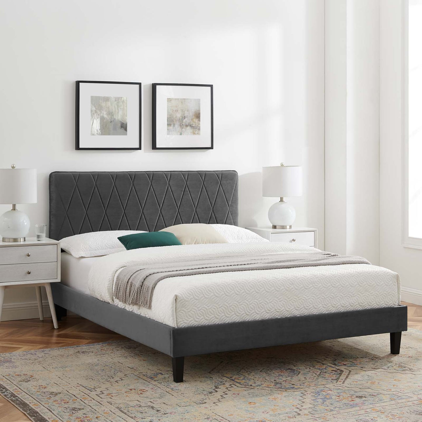 Phillipa Performance Velvet Queen Platform Bed, Velvet, Dark Grey Gray, 22594