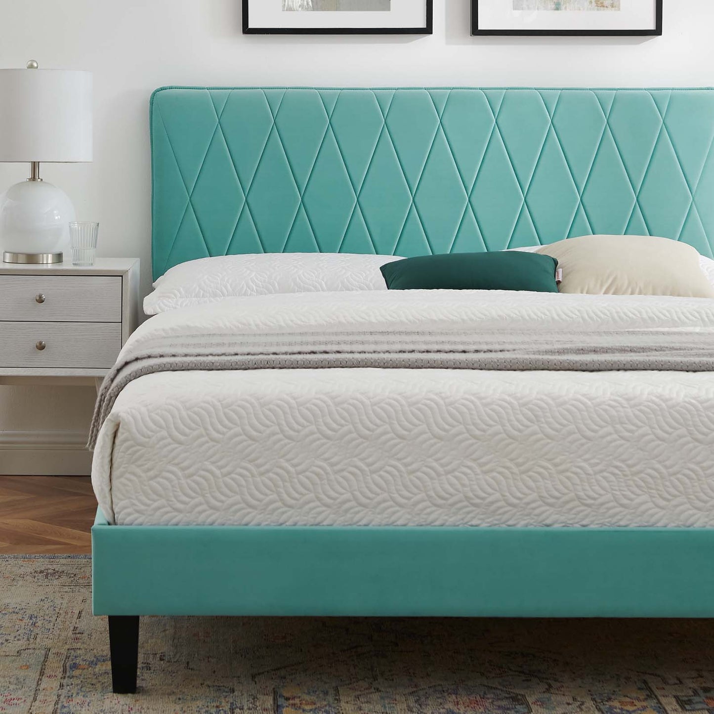 Phillipa Performance Velvet Queen Platform Bed, Velvet, Blue, 22597