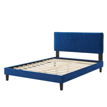 Phillipa Performance Velvet Queen Platform Bed, Velvet, Blue Navy, 22598