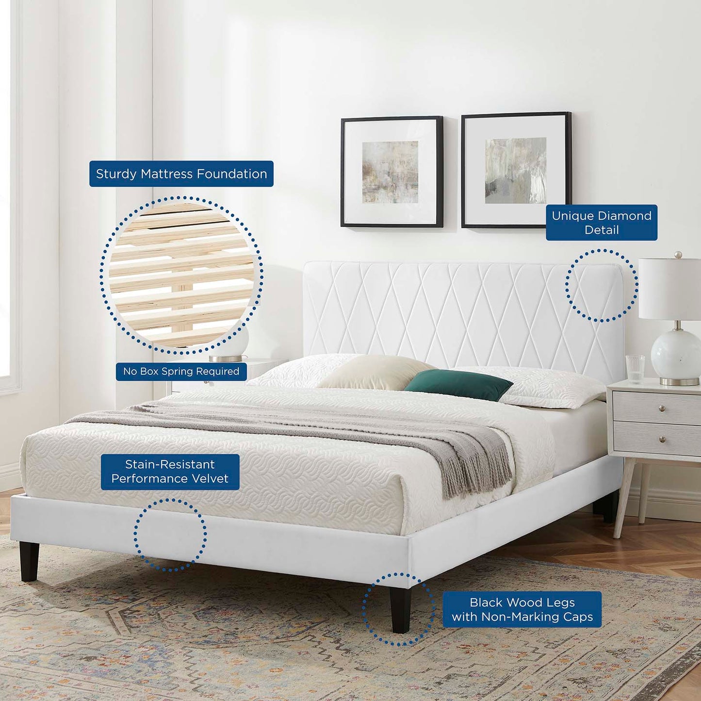 Phillipa Performance Velvet Queen Platform Bed, Velvet, White, 22601