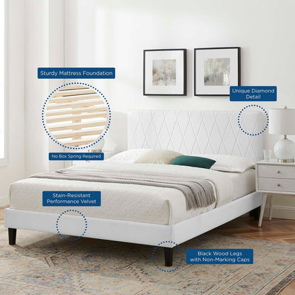 Phillipa Performance Velvet Queen Platform Bed, Velvet, White, 22601