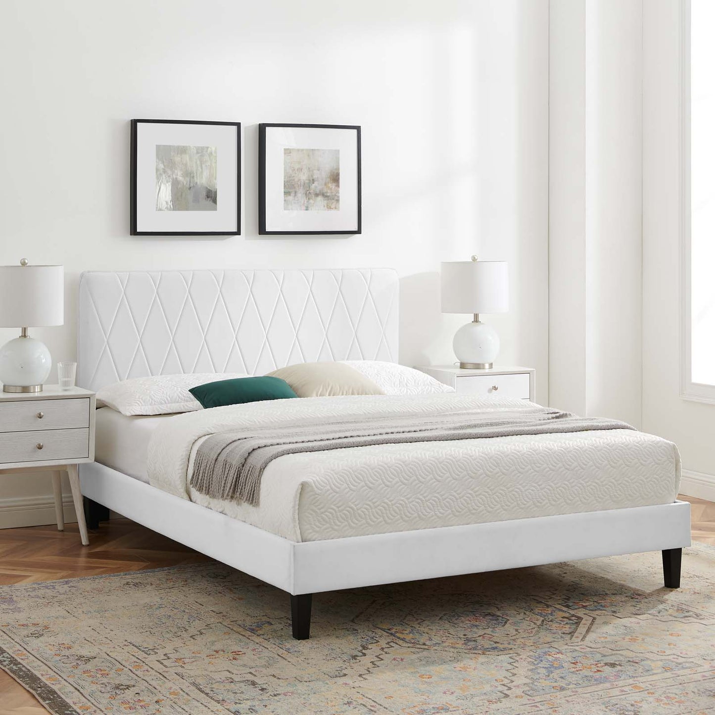Phillipa Performance Velvet Queen Platform Bed, Velvet, White, 22601