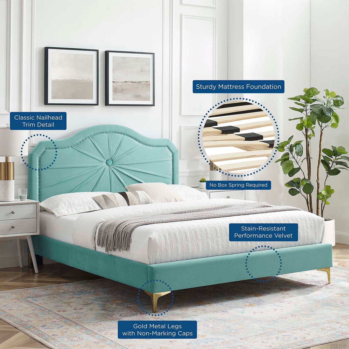 Portia Performance Velvet Queen Platform Bed, Velvet, Blue, 23412
