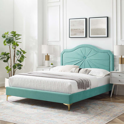 Portia Performance Velvet Queen Platform Bed, Velvet, Blue, 23412