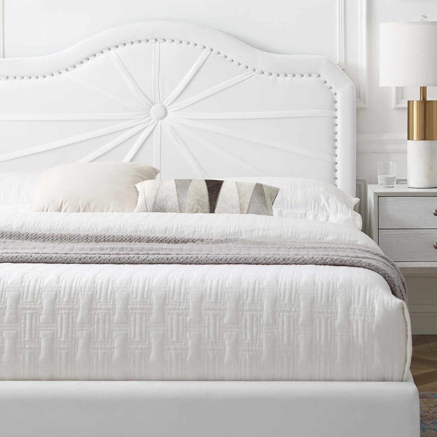 Portia Performance Velvet Queen Platform Bed, Velvet, White, 23416