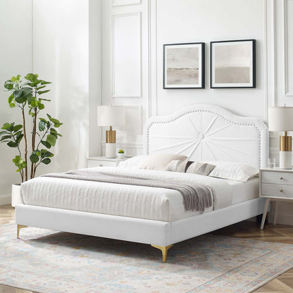 Portia Performance Velvet Queen Platform Bed, Velvet, White, 23416