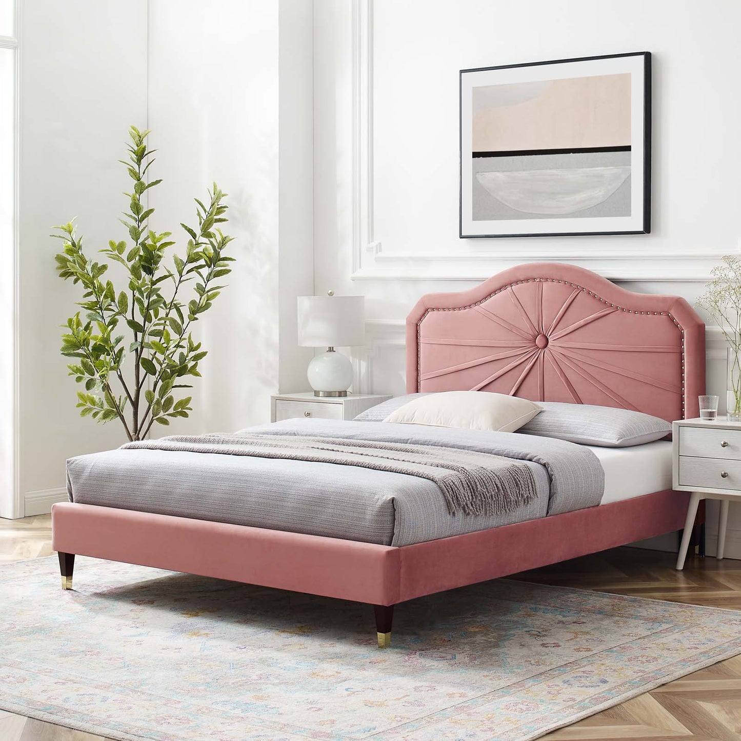 Portia Performance Velvet Queen Platform Bed, Velvet, Pink, 23418