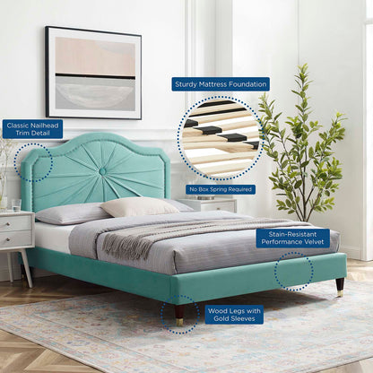 Portia Performance Velvet Queen Platform Bed, Velvet, Blue, 23420