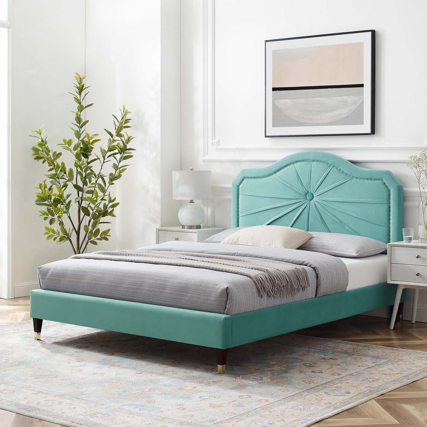 Portia Performance Velvet Queen Platform Bed, Velvet, Blue, 23420