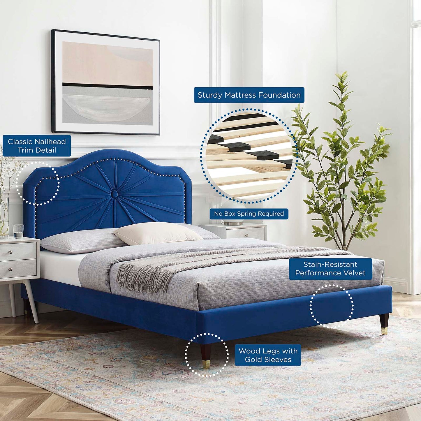 Portia Performance Velvet Queen Platform Bed, Velvet, Blue Navy, 23421