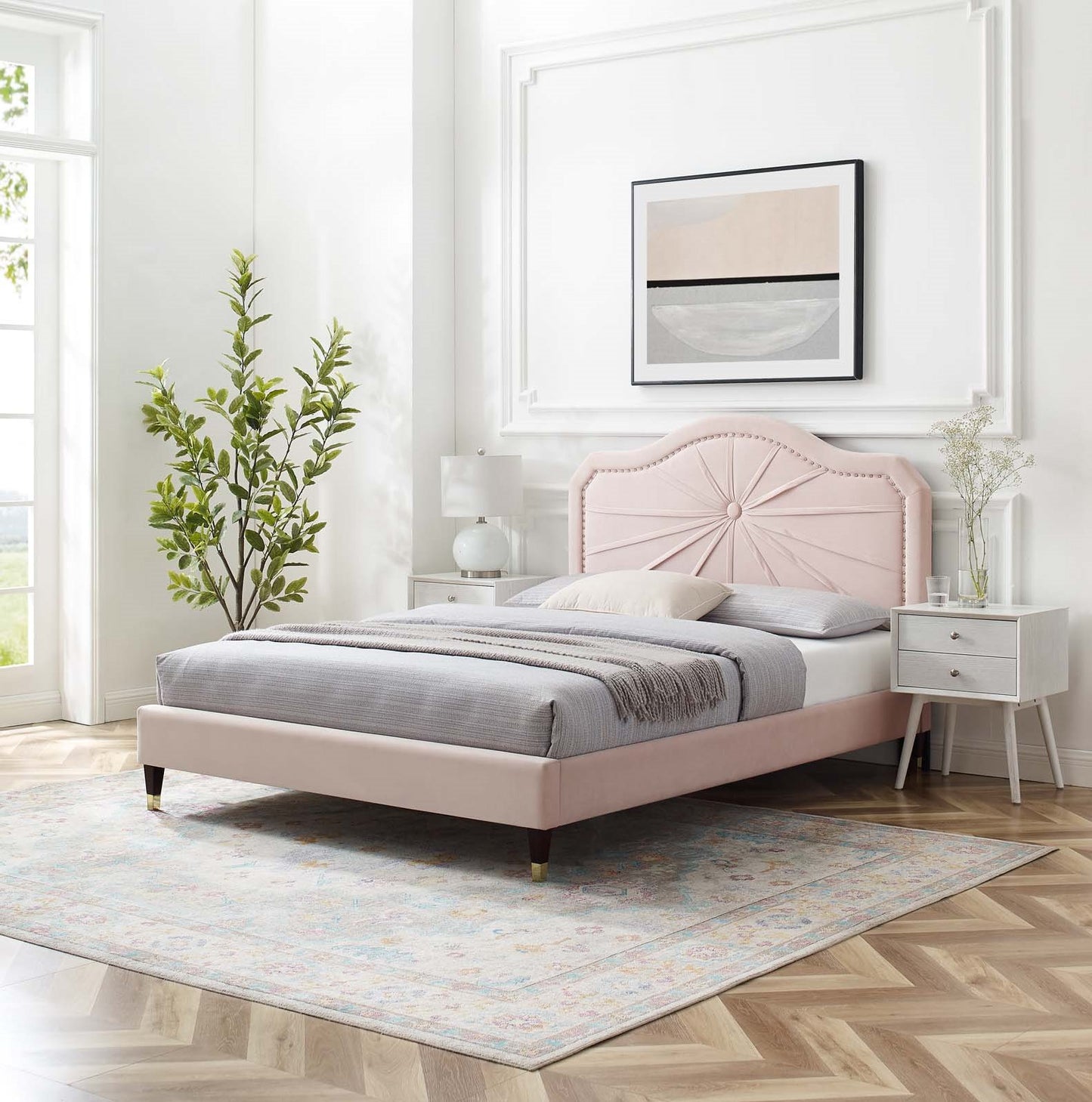 Portia Performance Velvet Queen Platform Bed, Velvet, Pink, 23422
