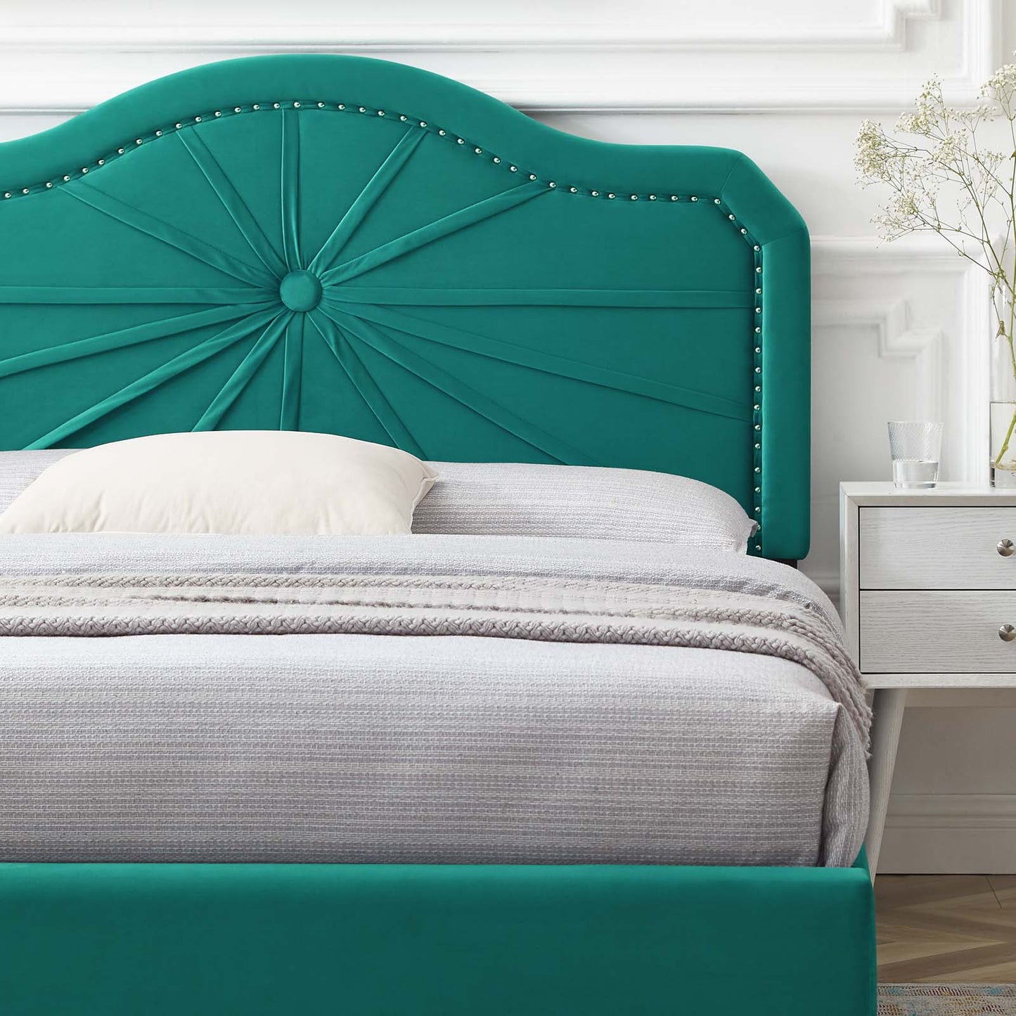 Portia Performance Velvet Queen Platform Bed, Velvet, Teal Blue, 23423