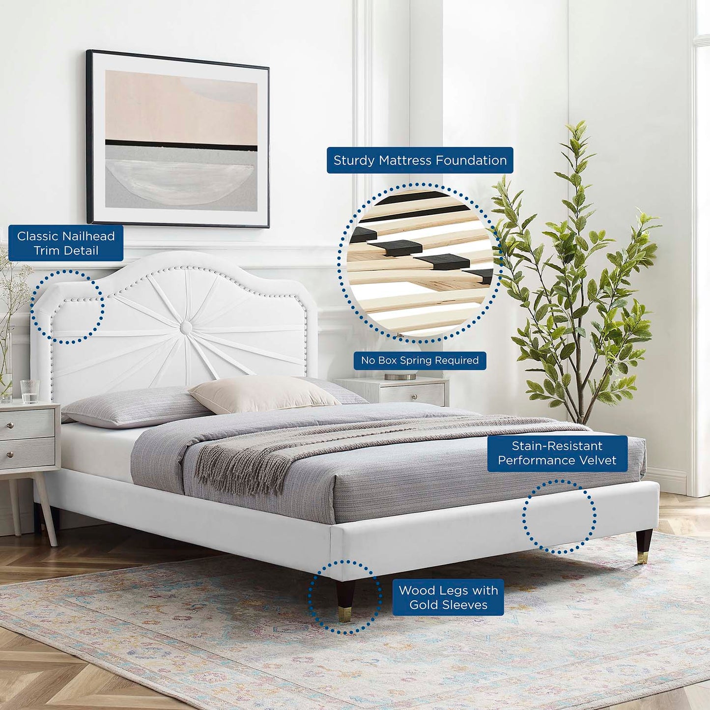 Portia Performance Velvet Queen Platform Bed, Velvet, White, 23424