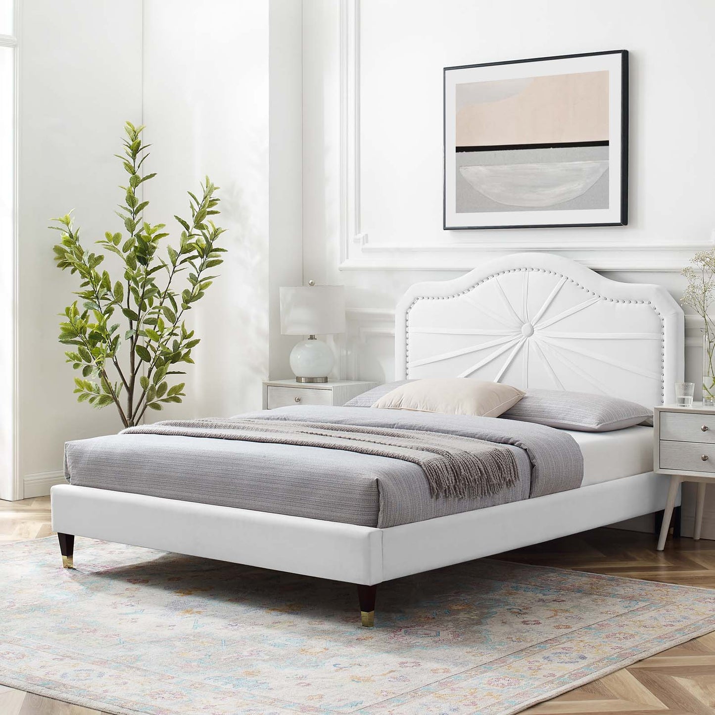 Portia Performance Velvet Queen Platform Bed, Velvet, White, 23424