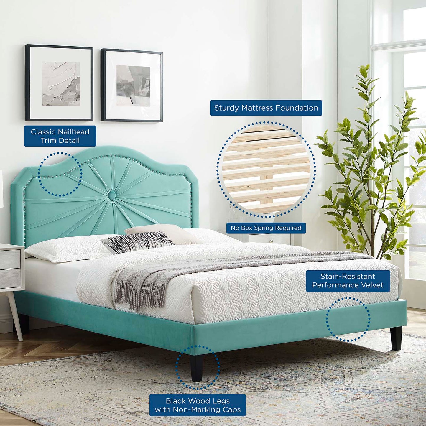 Portia Performance Velvet Queen Platform Bed, Velvet, Blue, 23428