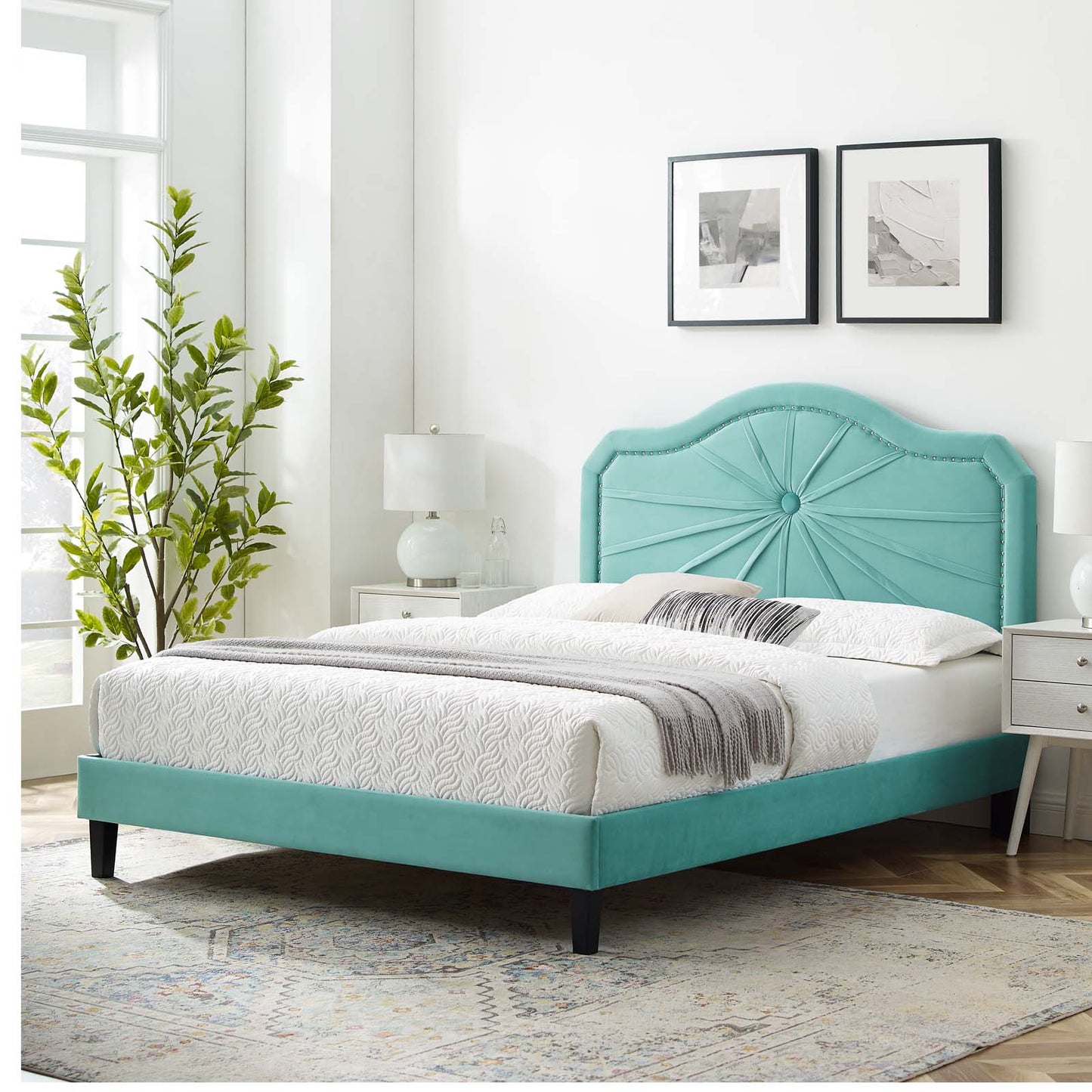 Portia Performance Velvet Queen Platform Bed, Velvet, Blue, 23428