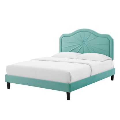 Portia Performance Velvet Queen Platform Bed, Velvet, Blue, 23428