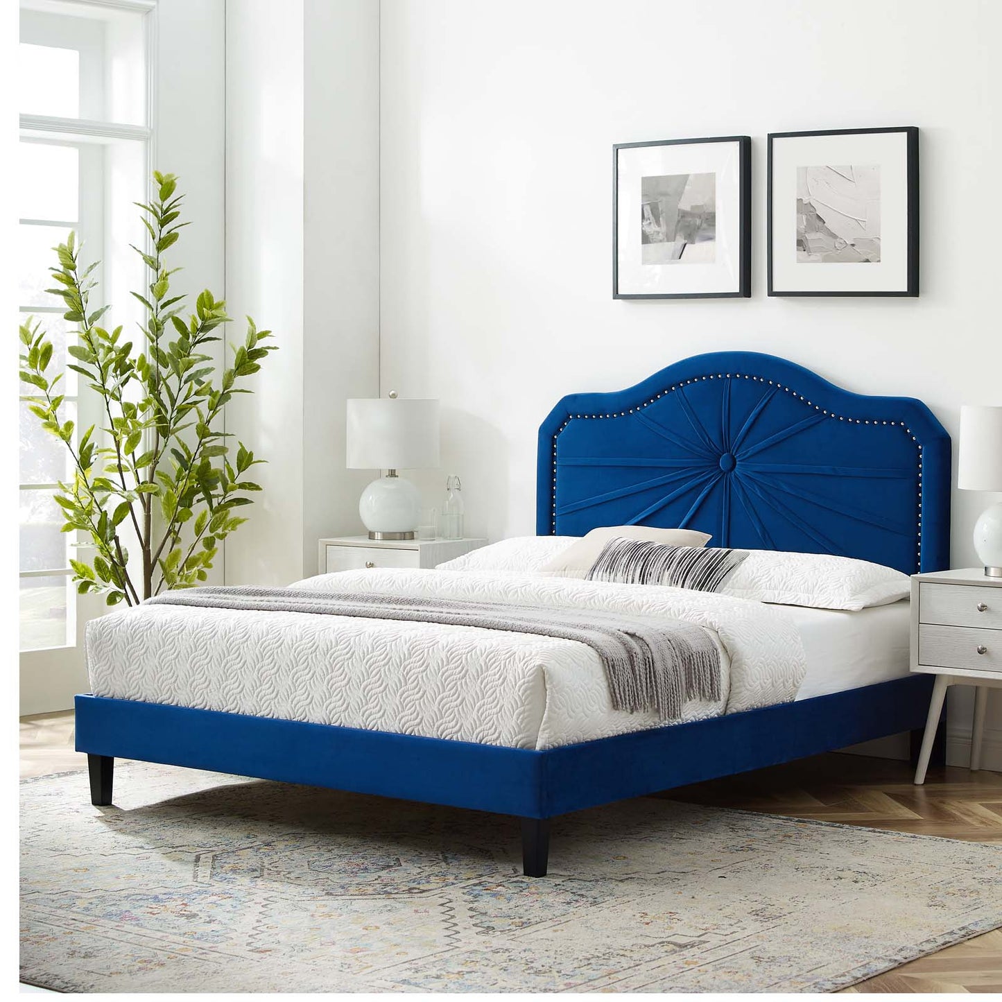 Portia Performance Velvet Queen Platform Bed, Velvet, Blue Navy, 23429