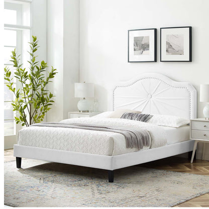 Portia Performance Velvet Queen Platform Bed, Velvet, White, 23432