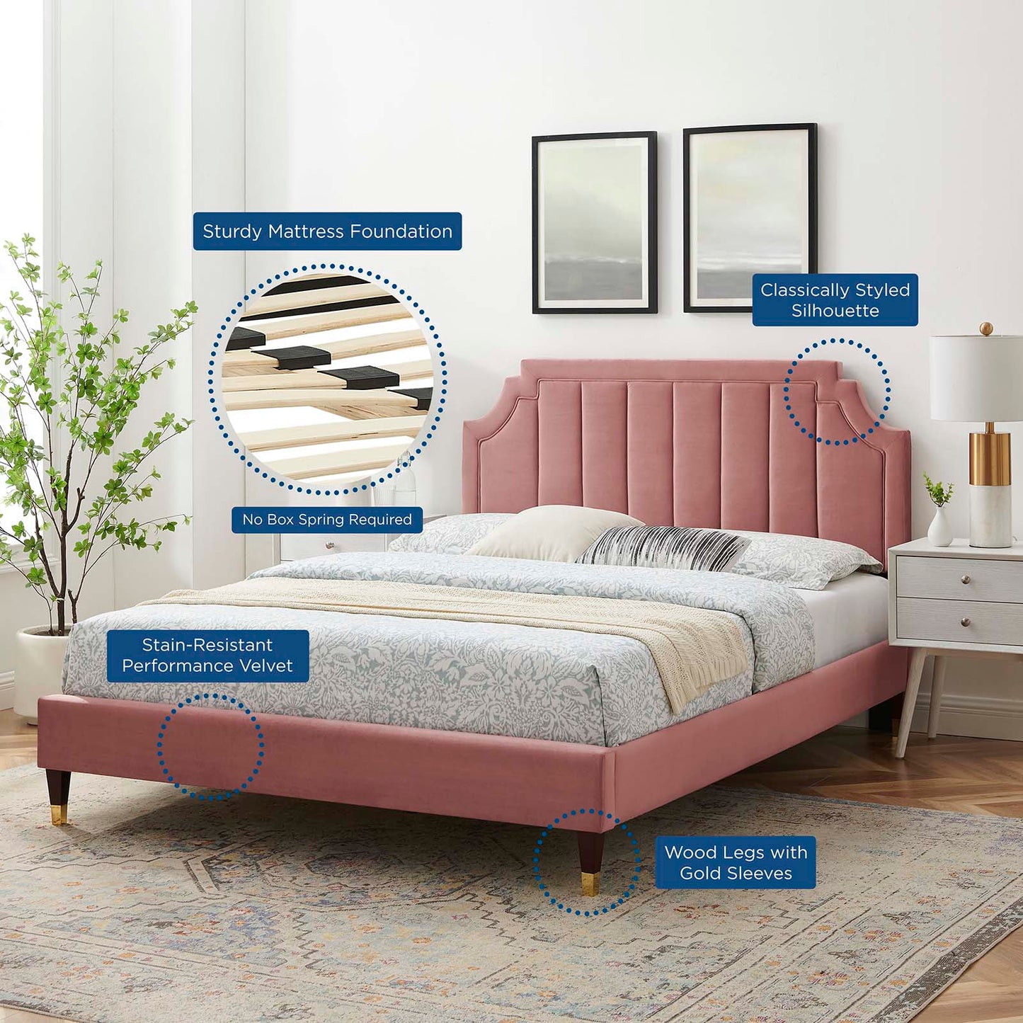 Sienna Performance Velvet Queen Platform Bed, Velvet, Pink, 23442