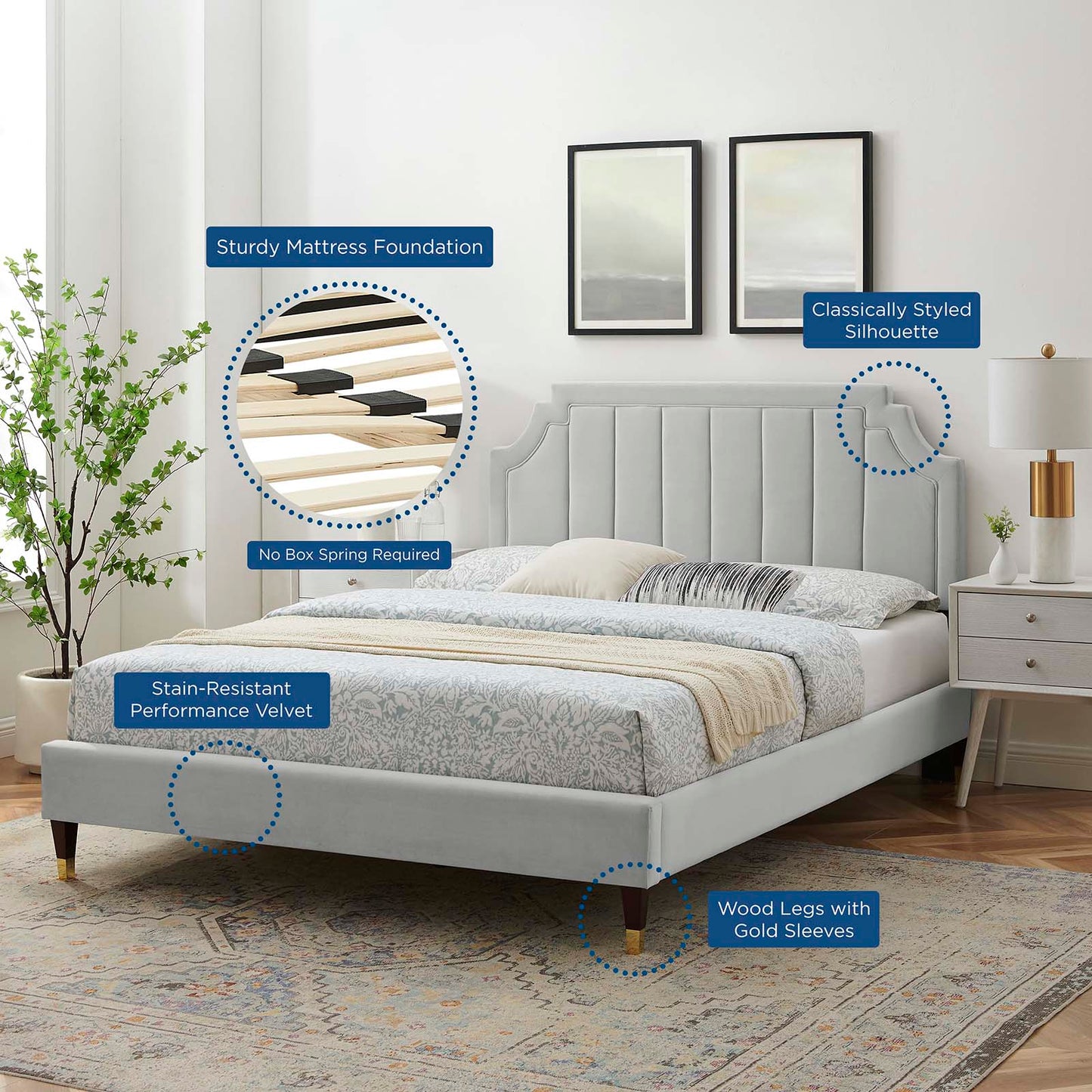 Sienna Performance Velvet Queen Platform Bed, Velvet, Light Grey Gray, 23443