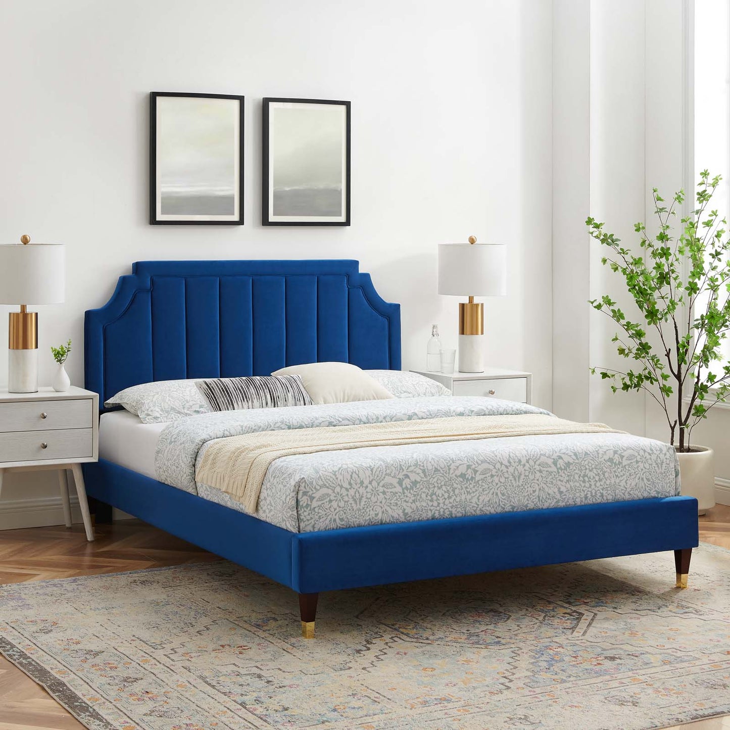 Sienna Performance Velvet Queen Platform Bed, Velvet, Blue Navy, 23445