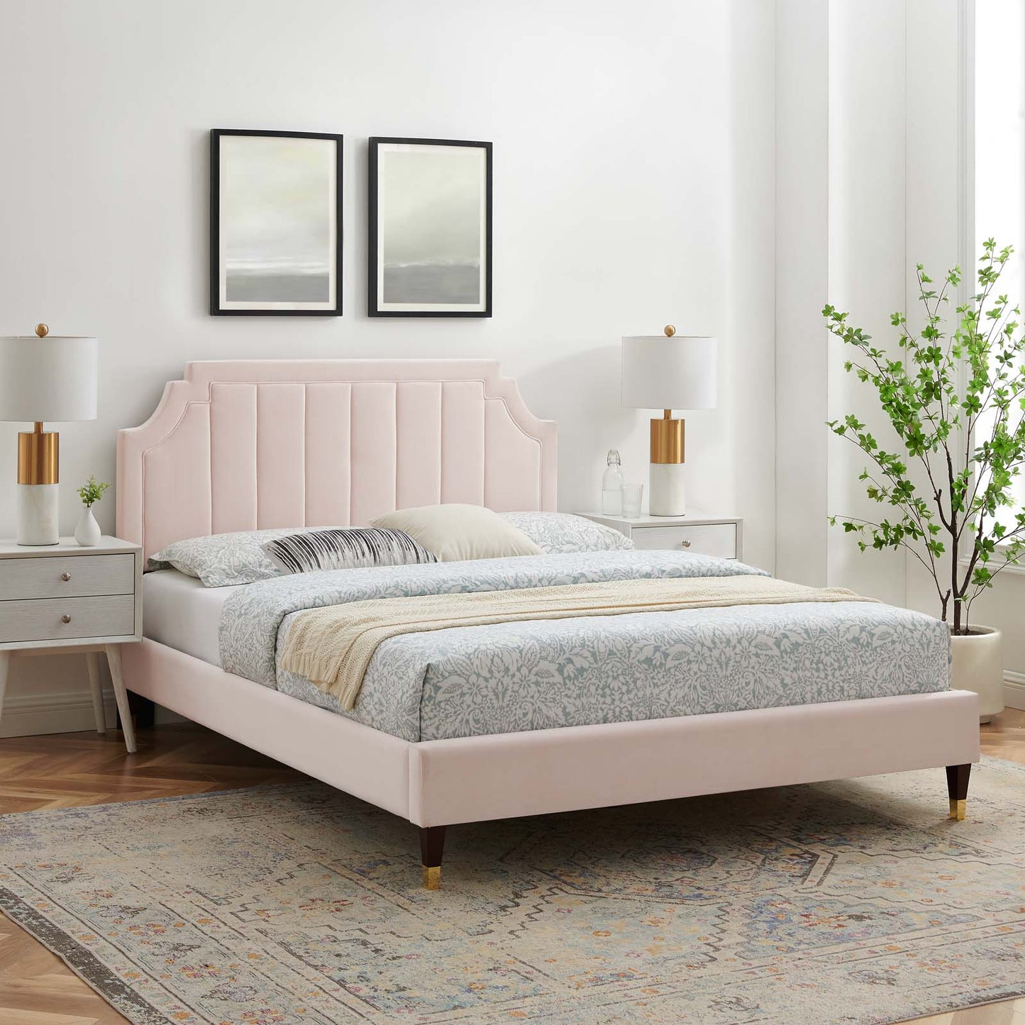 Sienna Performance Velvet Queen Platform Bed, Velvet, Pink, 23446