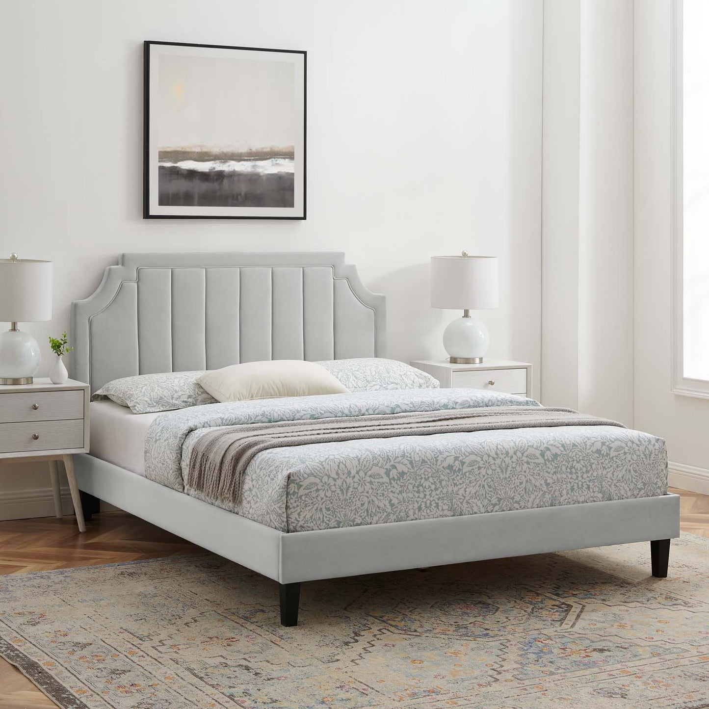 Sienna Performance Velvet Queen Platform Bed, Velvet, Light Grey Gray, 23451
